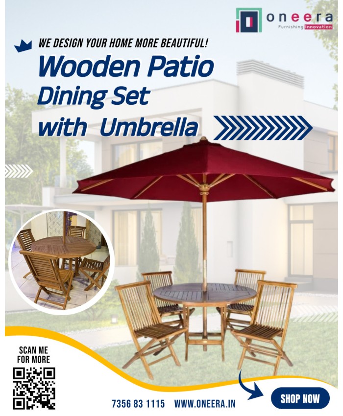 Wooden Patio Dining Set Foldable 4 Chairs, Round Table and Umbrella for Garden Outdoor Balcony Indoor Terrace Patio Furniture