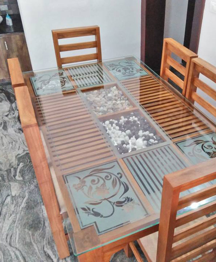 Dining Table with 6 Chairs Designer top glass (Teak Wood)